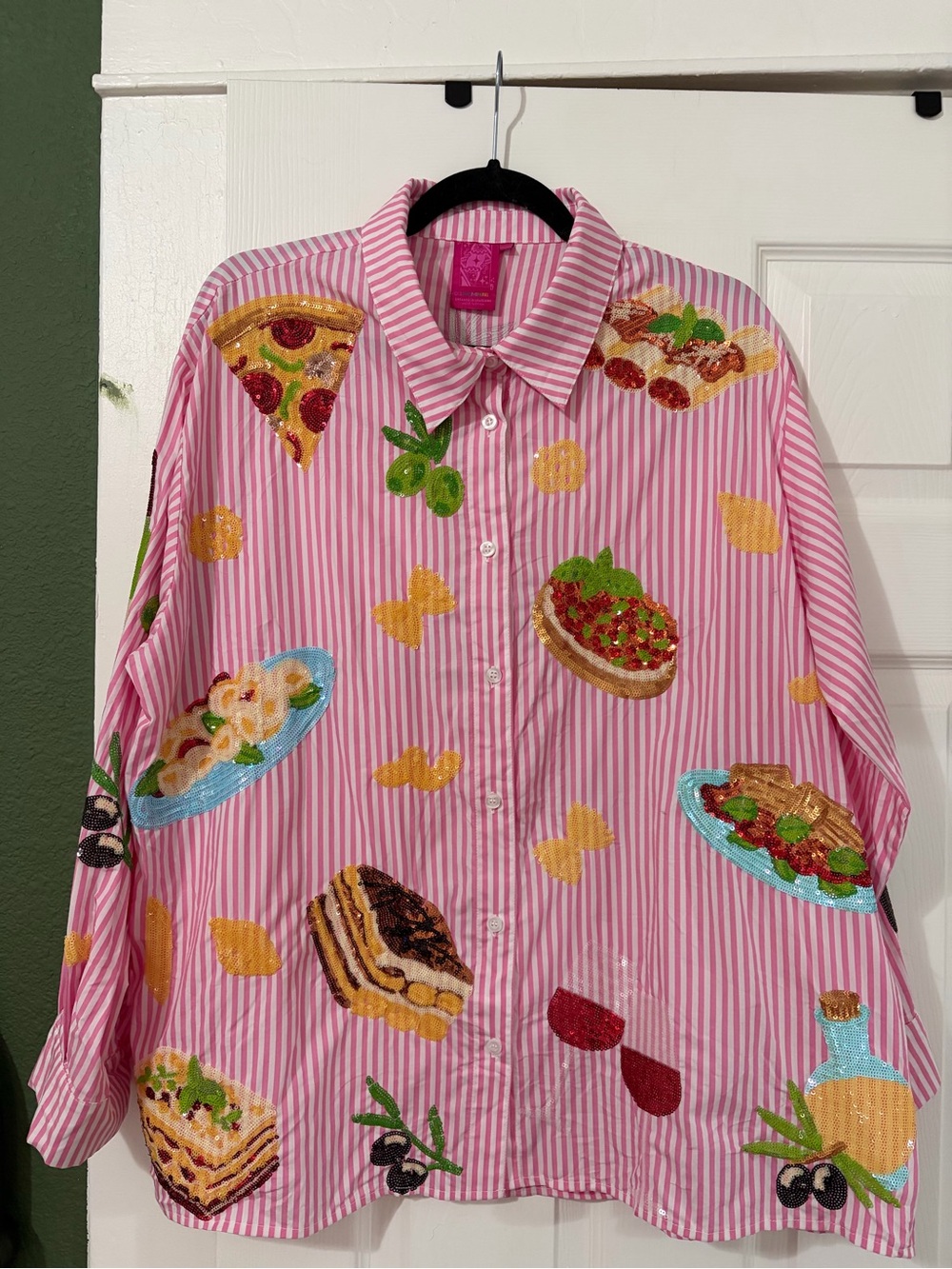 QUEEN OF SPARKLES Pink & White Striped Button-Down with Italian Food Appliqués